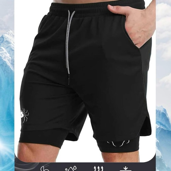 Men’s Large Spider Black Print 2 and 1 Drawstring Waist Sporty Shorts. NWT - Picture 6 of 7